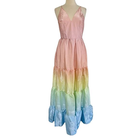 YUMI KIM Sullivan Tiered Maxi Dress Rainbow Ombré Dreamy Shiny Satin Sz M NEW - Picture 3 of 11